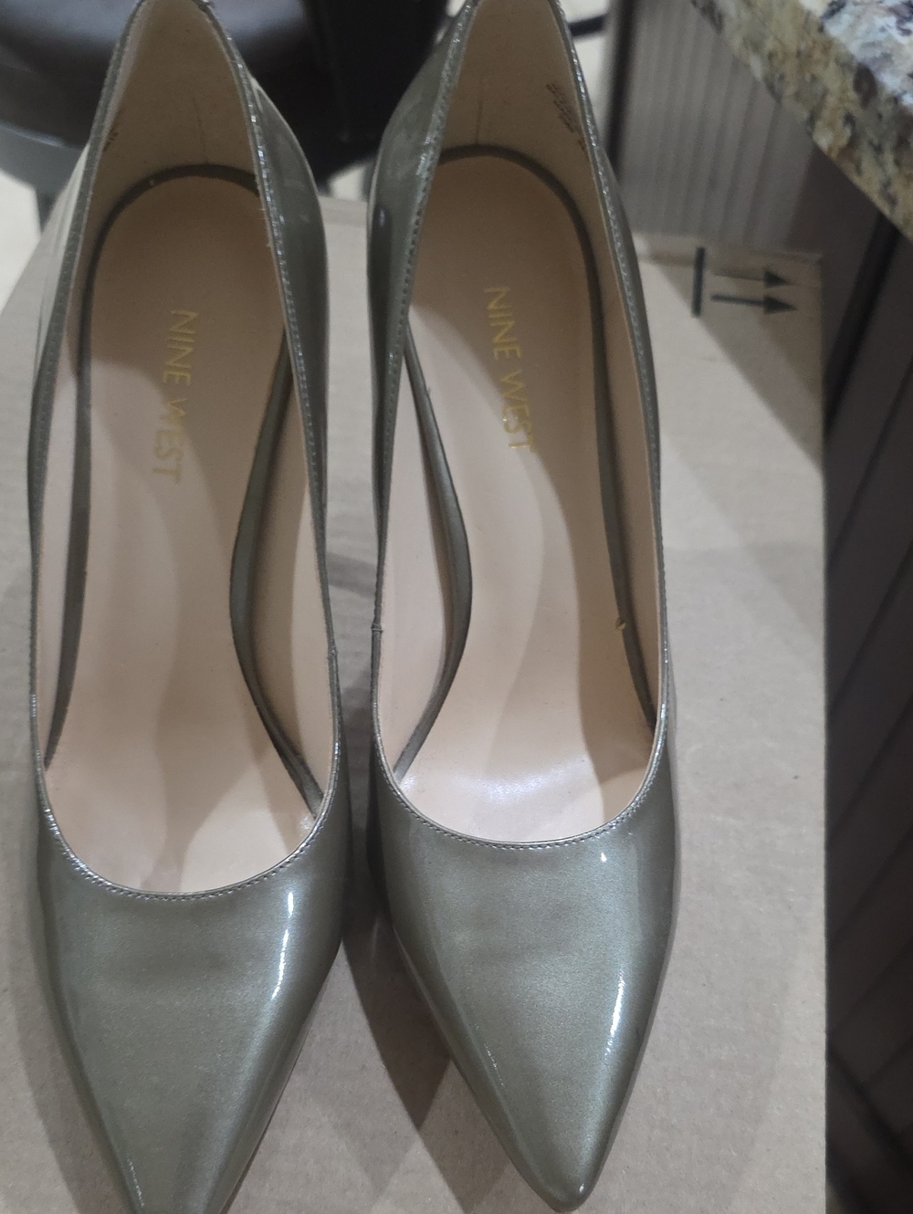 Nine West Metallic Olive Pointed Patent Pumps